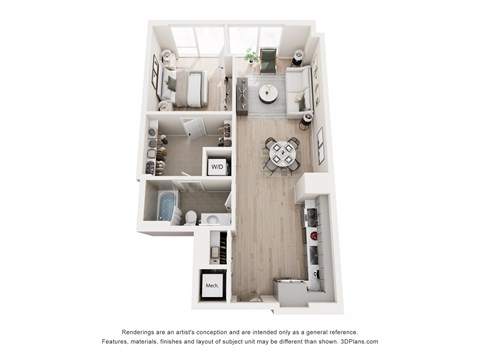 A 3D floor plan of a small apartment with a kitchen, living room, and bathroom.